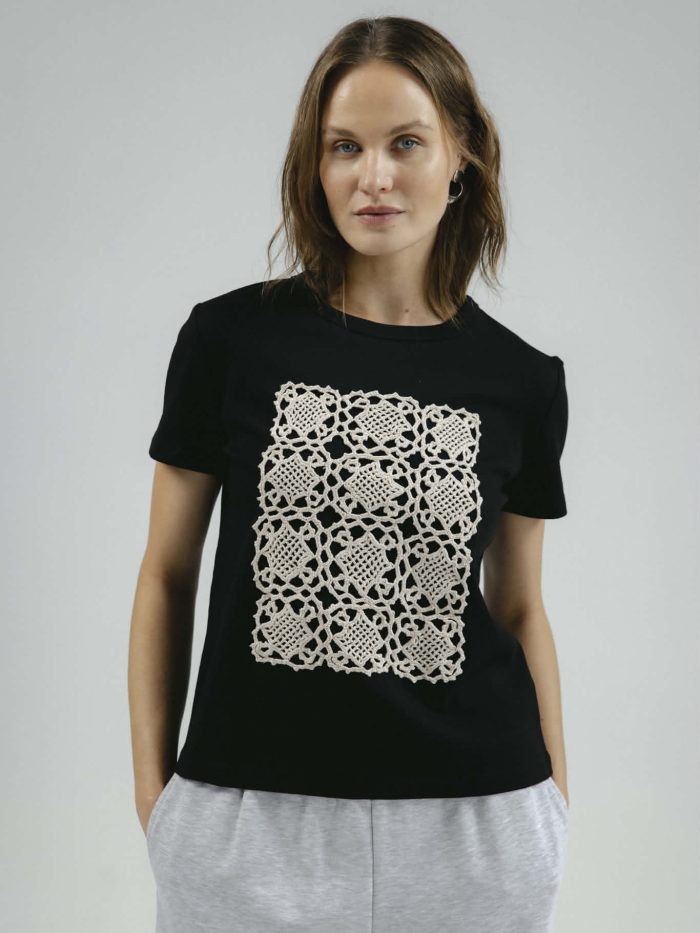 Regular Fit T-Shirt in Black with Crochet Lace