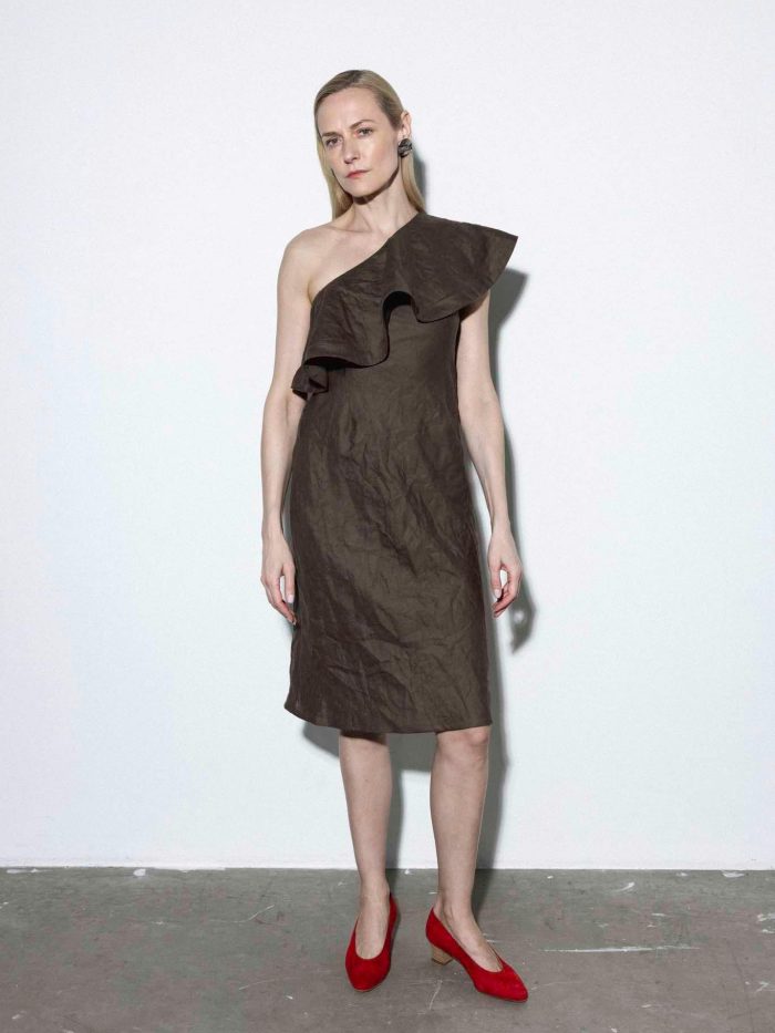 One-Shoulder ruffled Summer brown linen Dress Kive