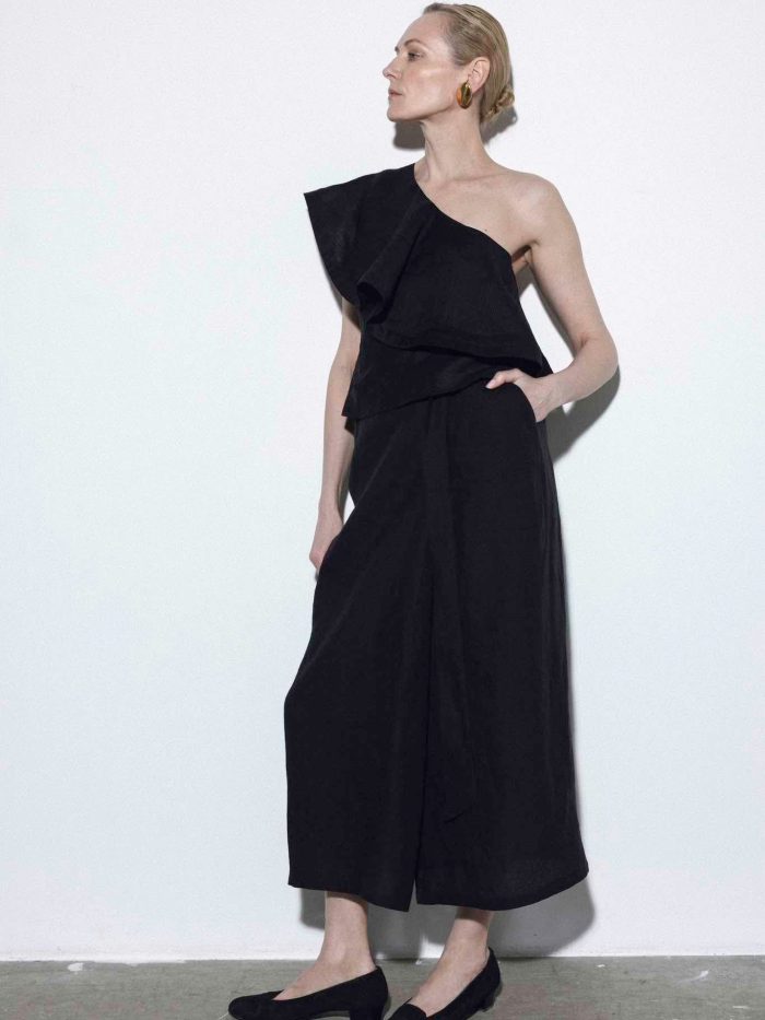 Black Linen Wrap Midi Skirt Pluvija