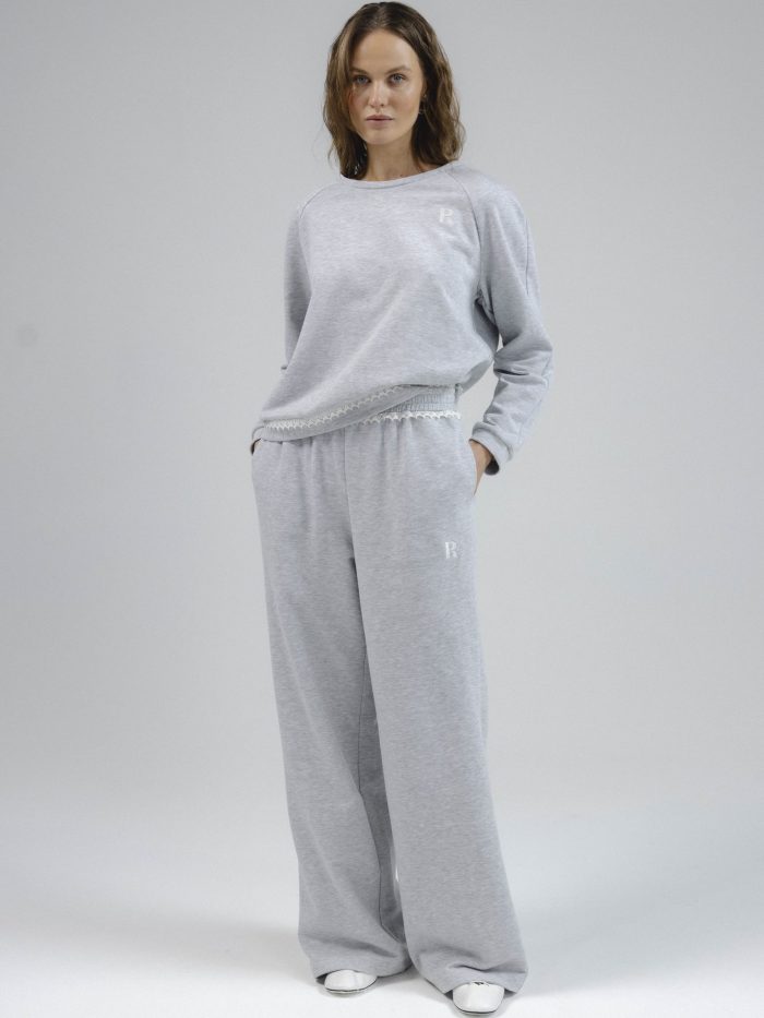 Lace-Trimmed Cotton Track Pants in Grey