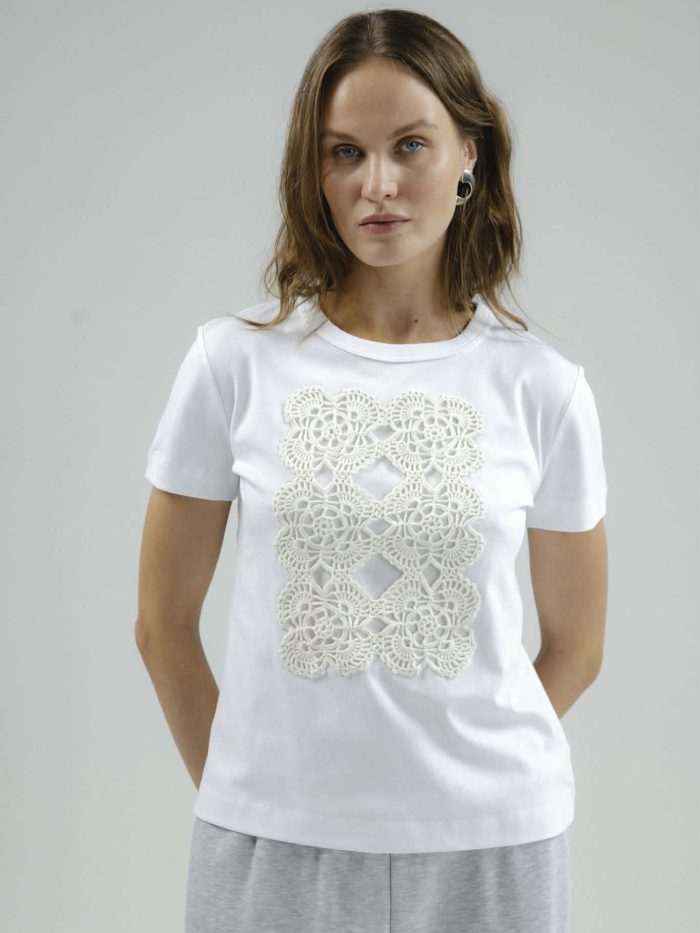 Regular Fit T-Shirt in White with Crochet Lace