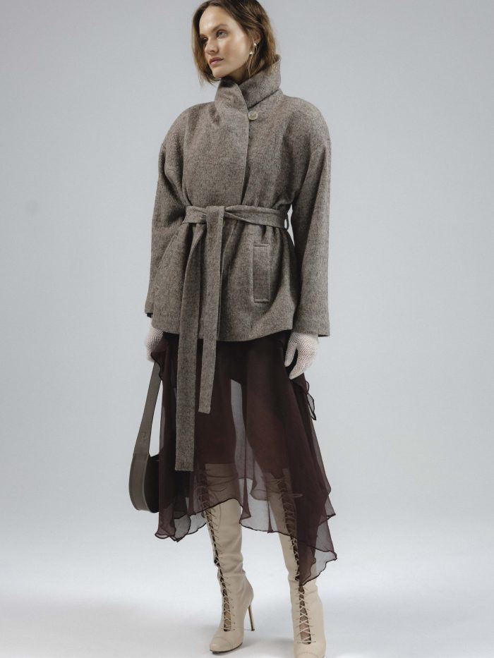 Tie-Front Bouclé Wool Jacket in Grey