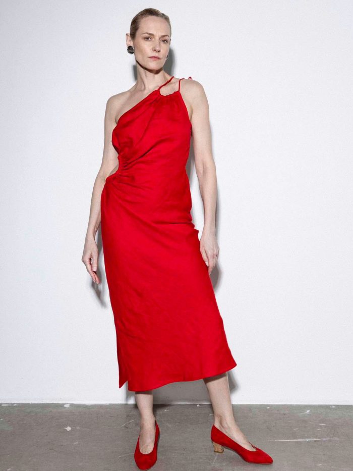 Summer one-shoulder red linen Dress Akelė