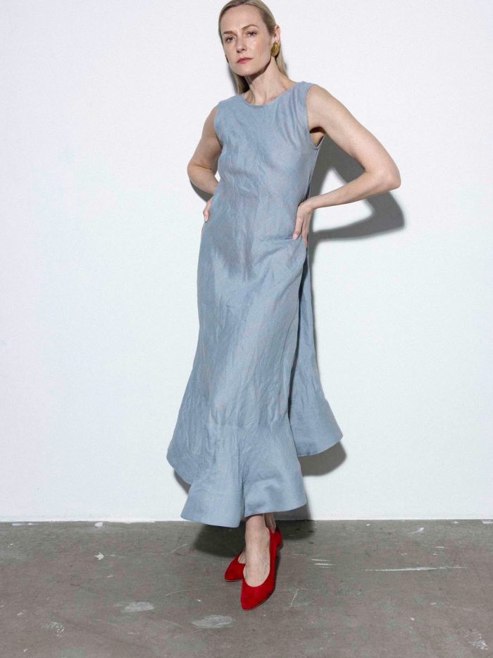 Long summer blue linen ruffle Dress Neris