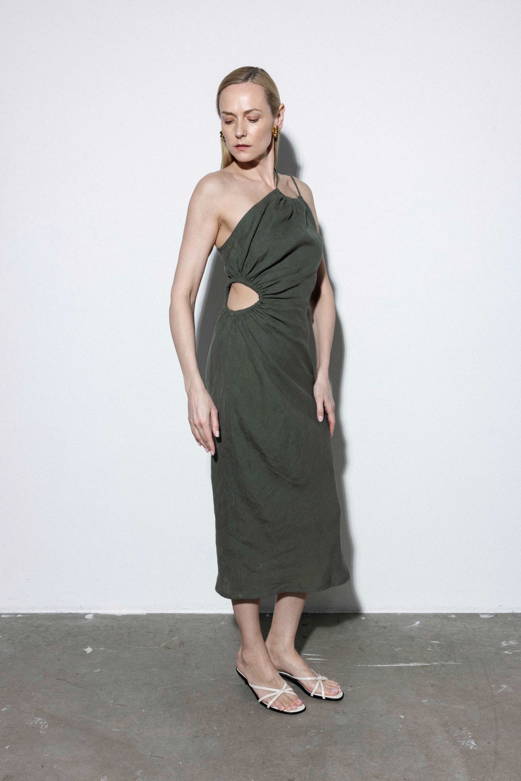 Cutout elegant summer green linen Dress Akelė