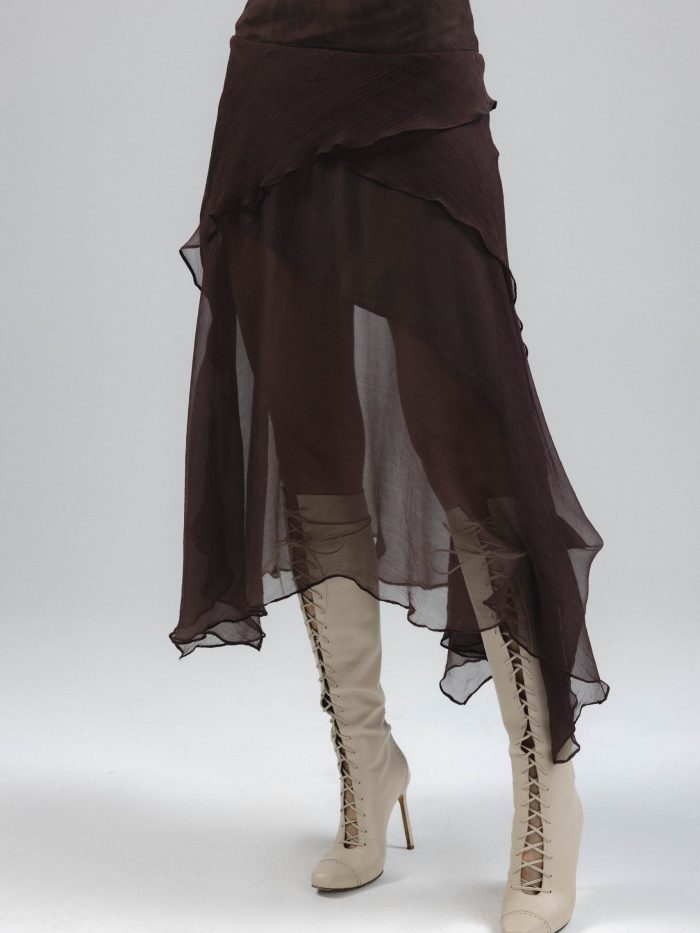 Brown Silk Asymmetric Ruffled Hem Midi Skirt Tuklė