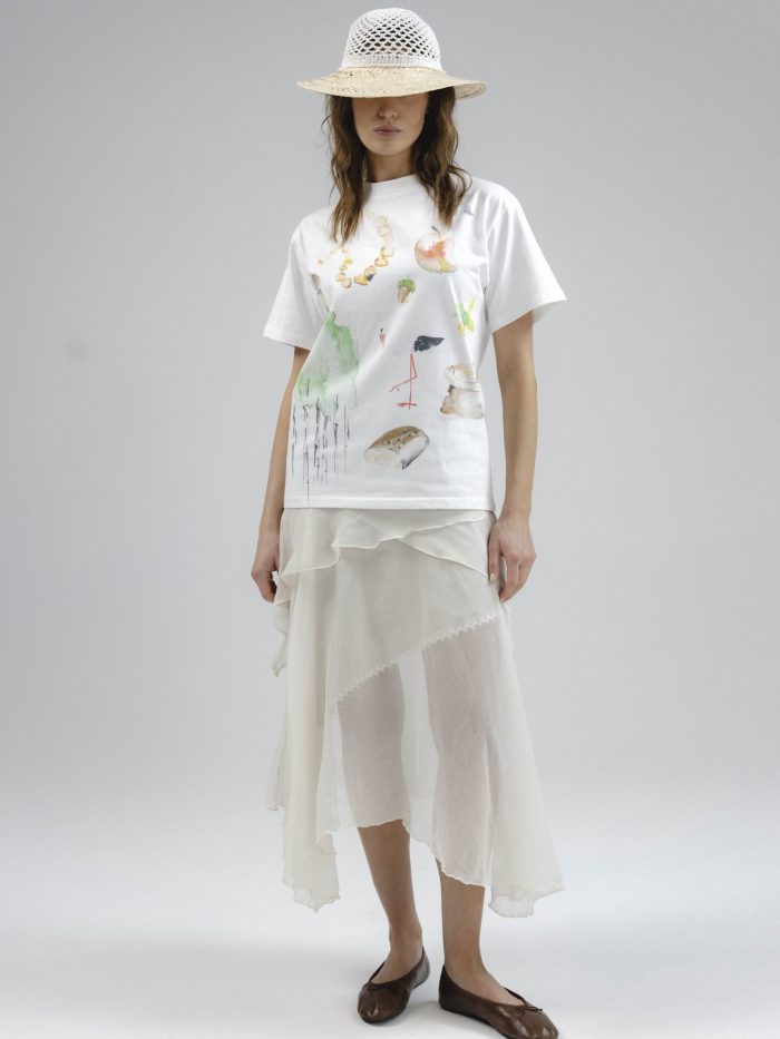 White Silk Asymmetric Ruffled Hem Midi Skirt Tuklė