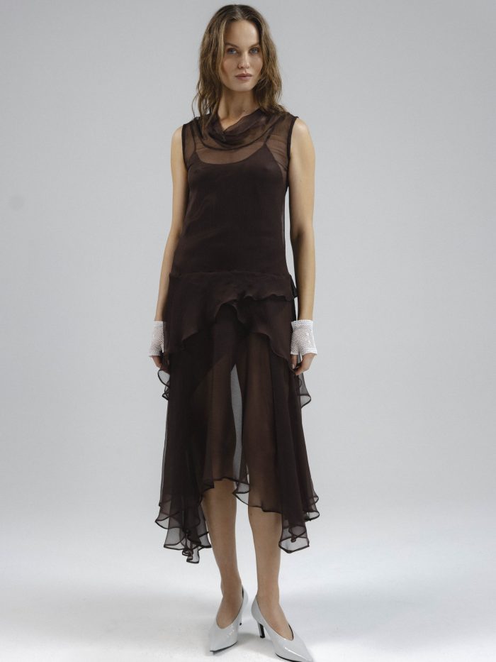 Draped Silk-Chiffon Midi Dress with Asymmetric Hem