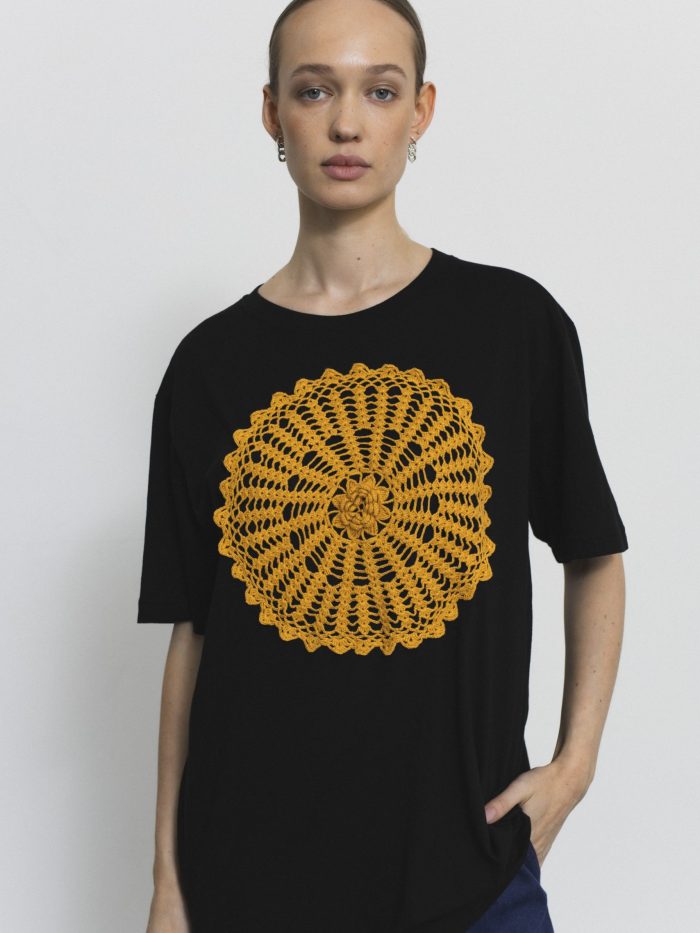 Oversized Black T-Shirt with Hand-made Mustard Crochet