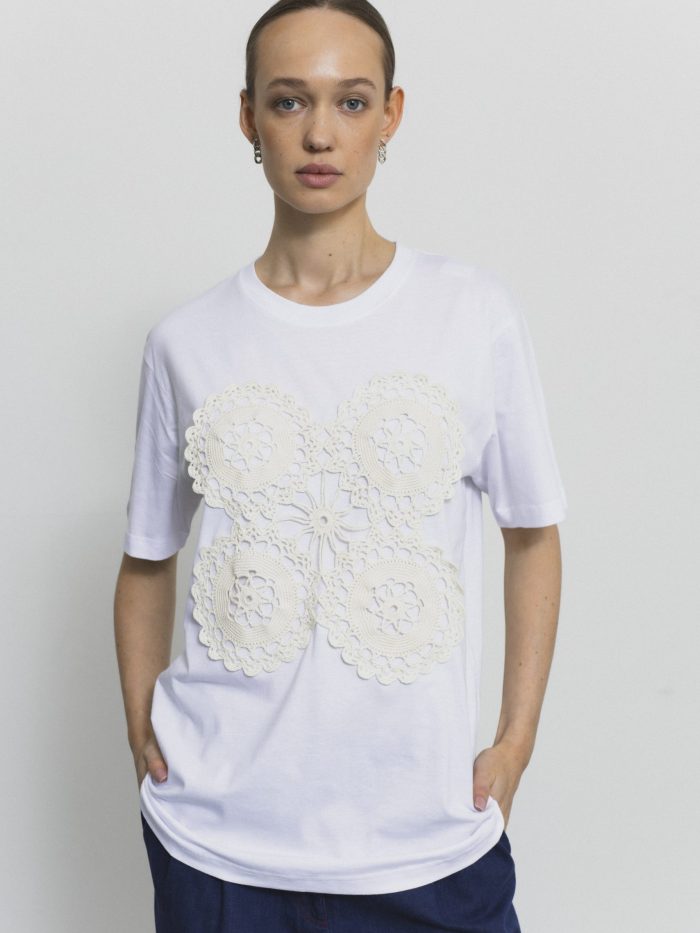 Oversized White T-Shirt with Butter Yellow Crochet