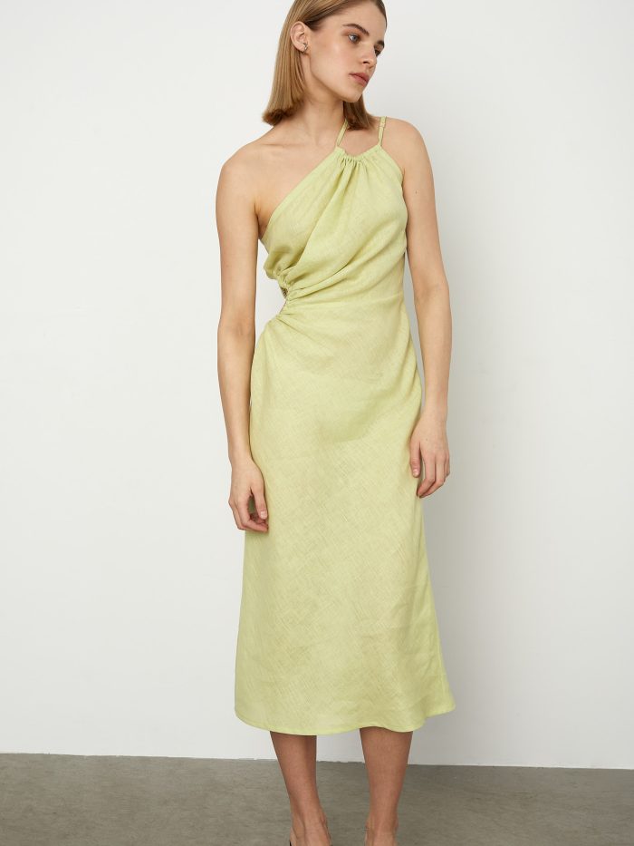 Lime Yellow Ruched One-Shoulder Dress Akelė